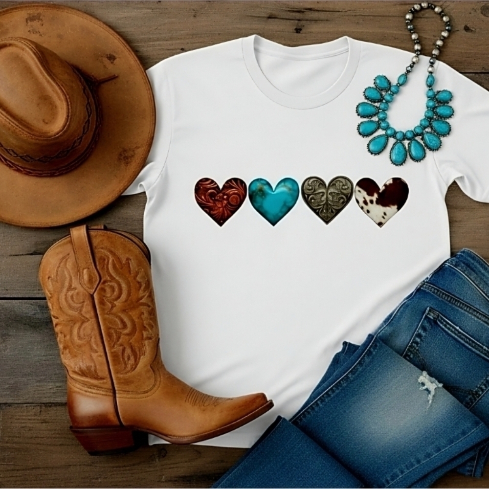 Western Hearts Graphic Tee • Cowhide Turquoise Tooled Leather Shirt • Country